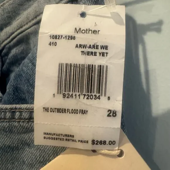 Mother Women's The Outsider Flood Fray Jeans Are We There Yet Blue Size 28 NWT